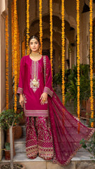 Luxury Magenta Embroidered Sharara Suit with Handcrafted Zari Work & Dupatta