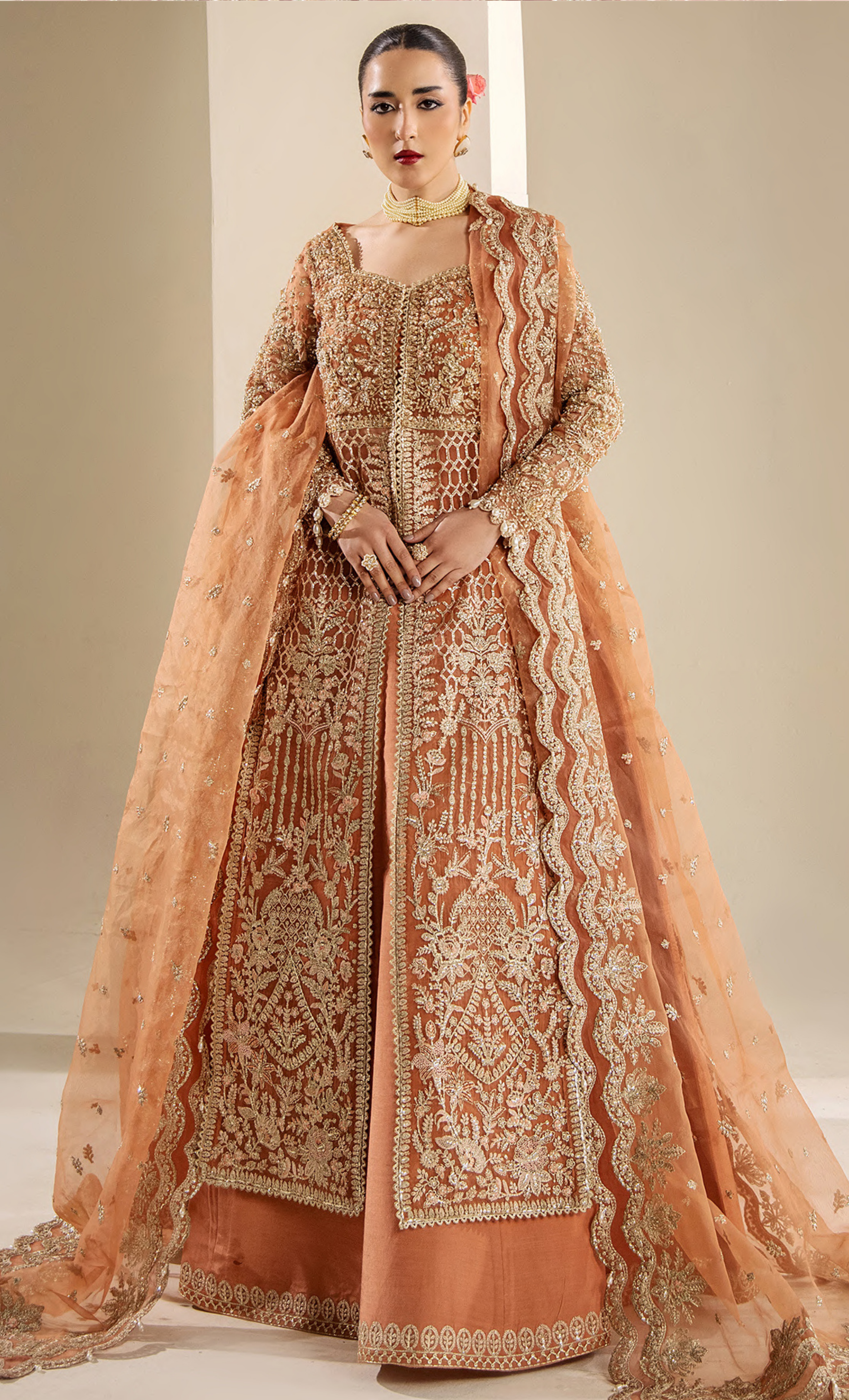 Regal Peach Embroidered Bridal Ensemble