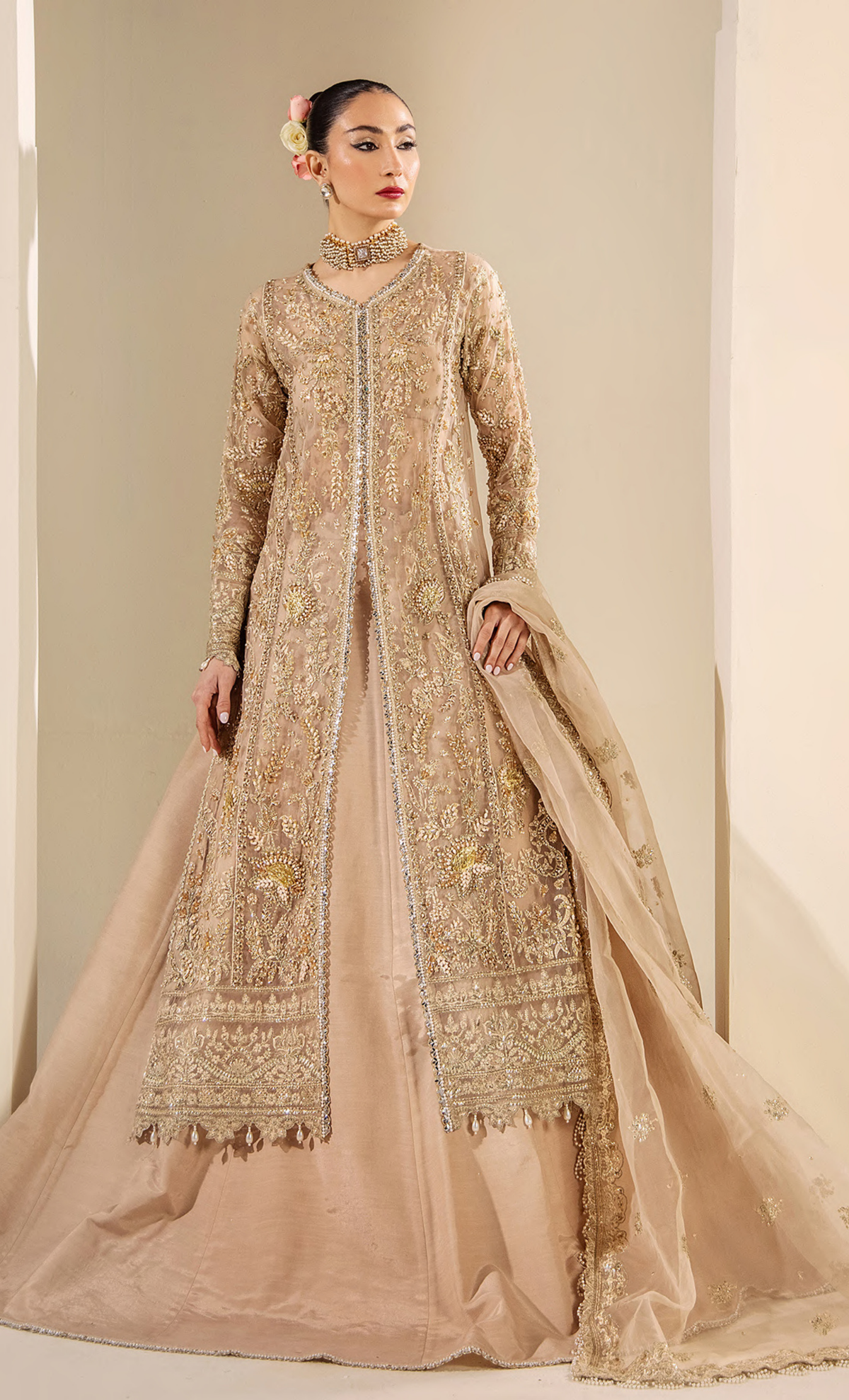 Luxury Champagne Gold Embroidered Designer Long Jacket Suit with Handcrafted Detailing