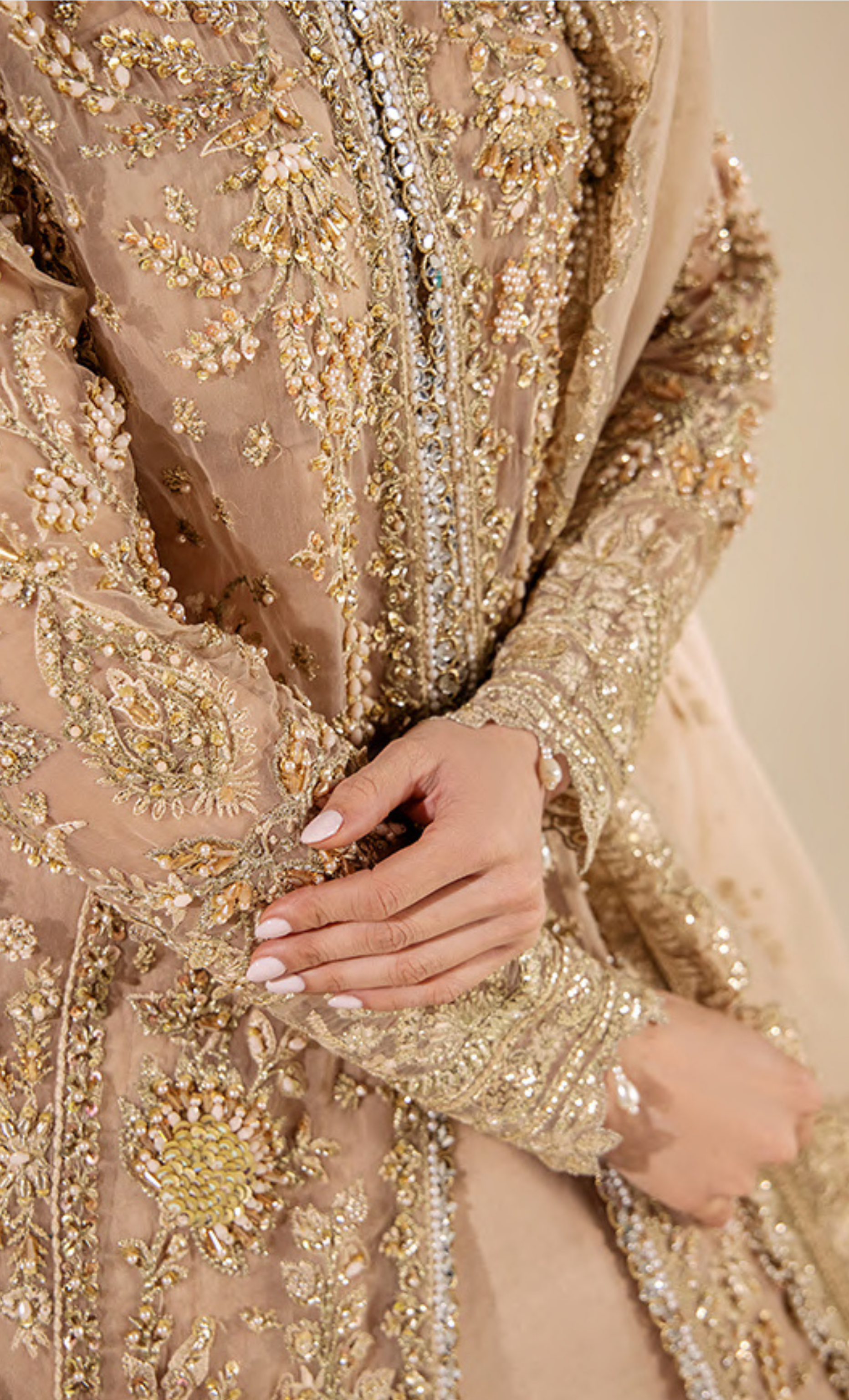Luxury Champagne Gold Embroidered Designer Long Jacket Suit with Handcrafted Detailing