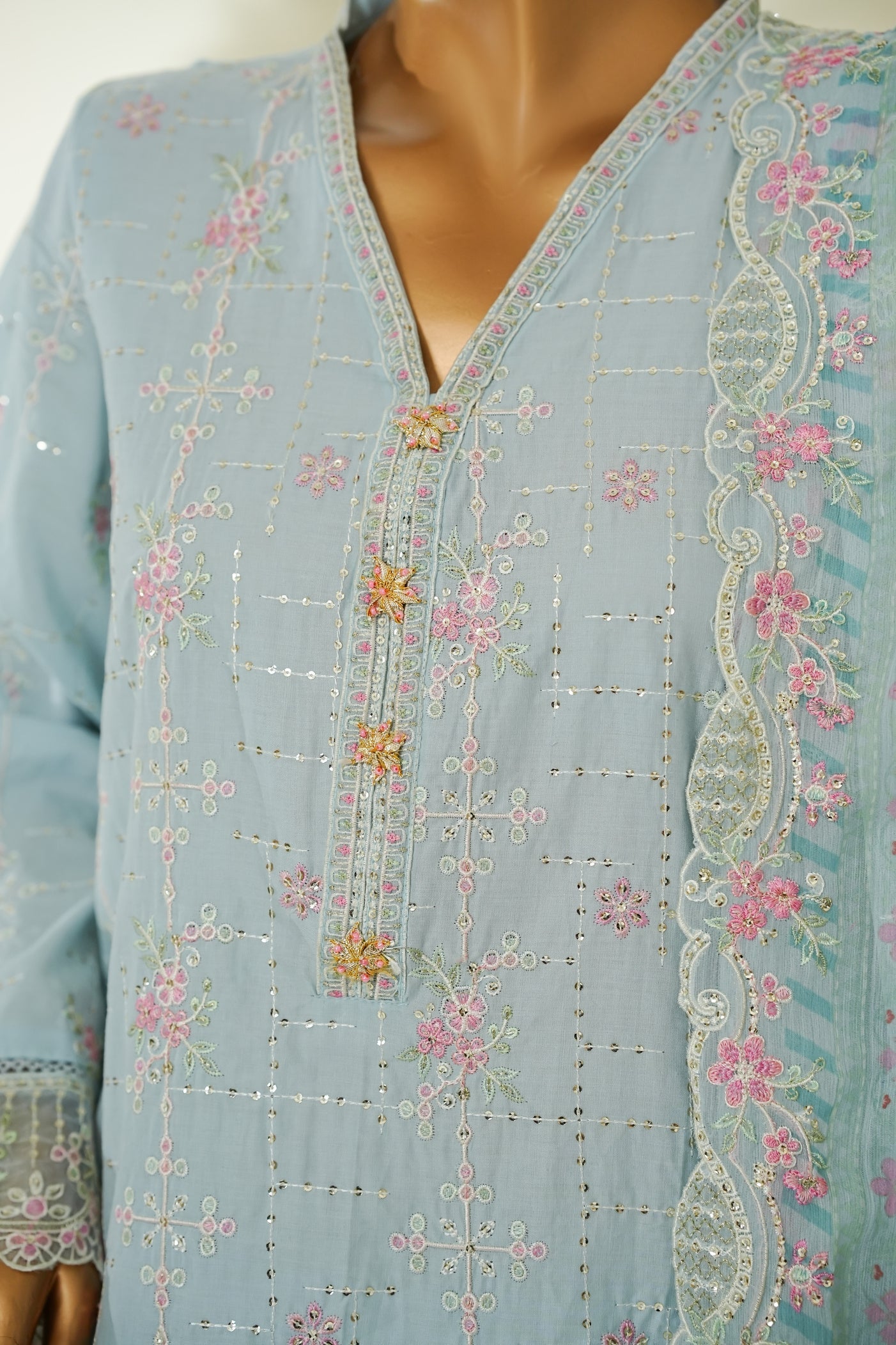 Bin Saeed Sky Blue Embroidered Lawn Suit with Chiffon Dupatta – 3 Piece Stitched Set
