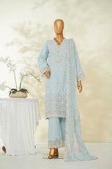 Bin Saeed Sky Blue Embroidered Lawn Suit with Chiffon Dupatta – 3 Piece Stitched Set