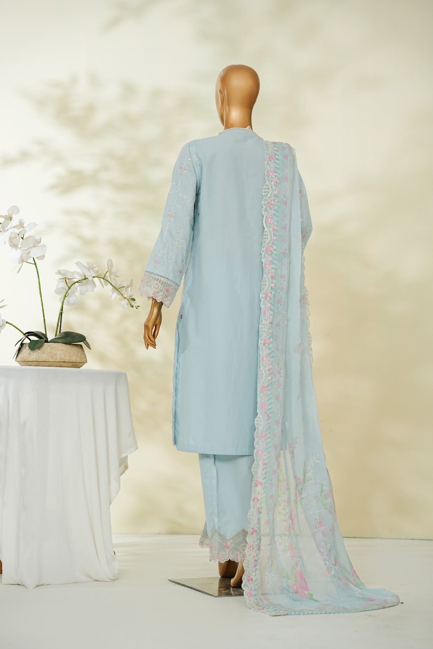 Bin Saeed Sky Blue Embroidered Lawn Suit with Chiffon Dupatta – 3 Piece Stitched Set