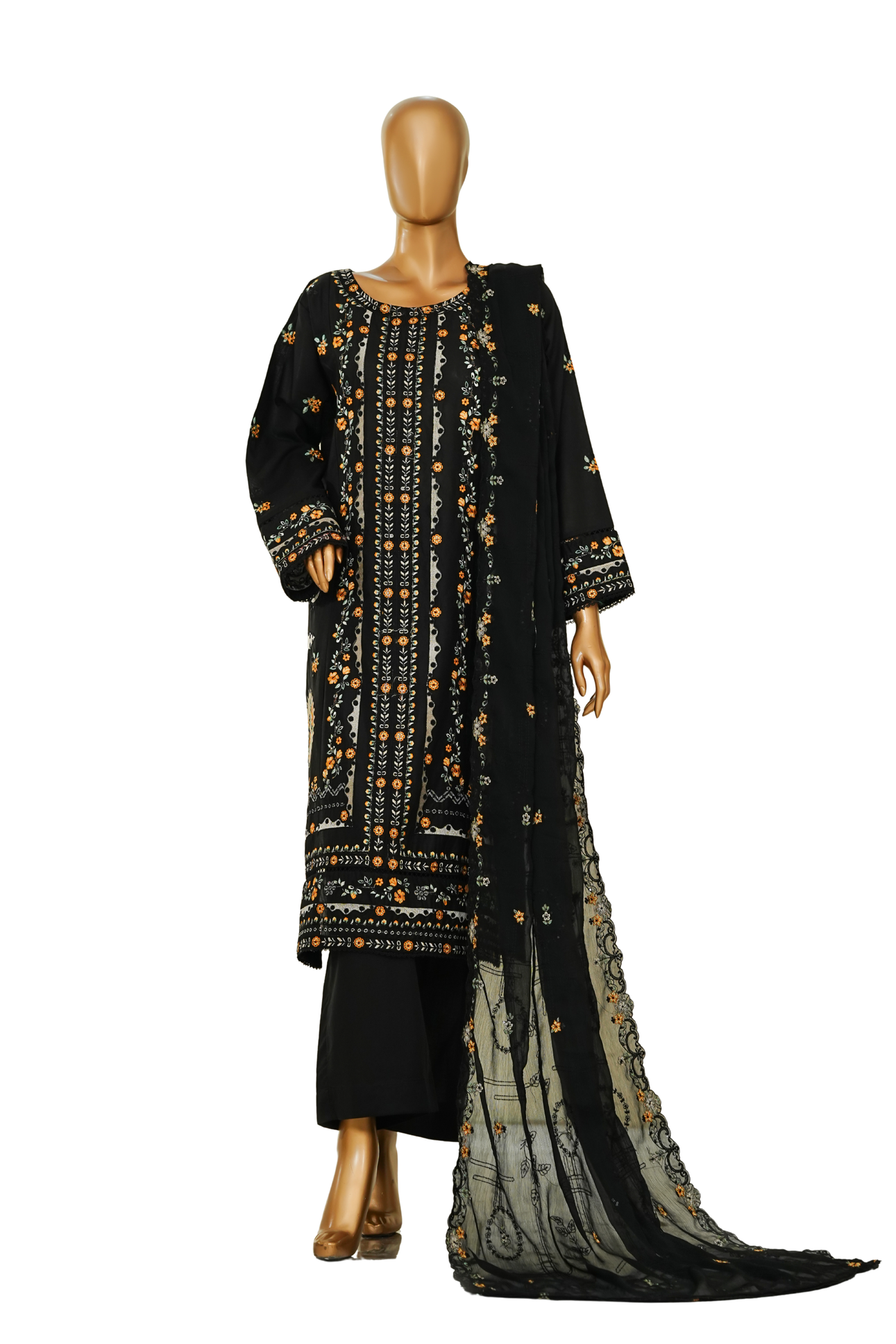 Bin Saeed Black Embroidered Lawn Suit with Chiffon Dupatta – 3 Piece Stitched Set