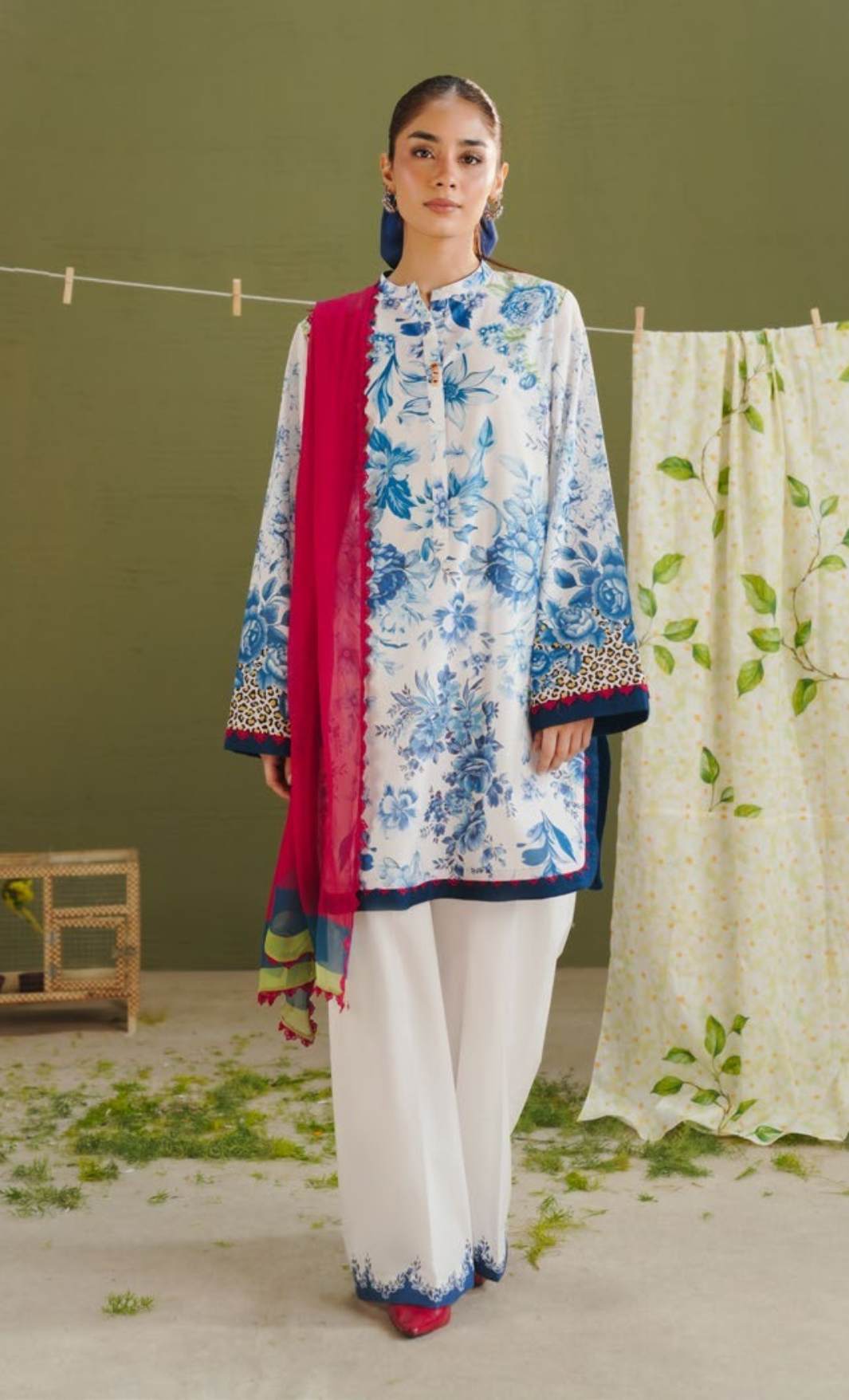 AERO-6A – Pearl White & Blue Rose Printed Lawn Suit with Hot Pink Dupatta