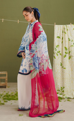 AERO-6A – Pearl White & Blue Rose Printed Lawn Suit with Hot Pink Dupatta