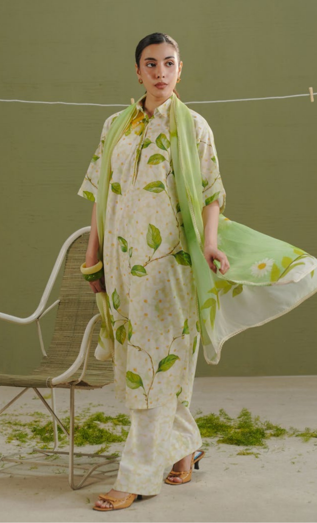 KAEL-7A – Daisy White Meadow Printed Lawn Suit with Lime Watercolor Dupatta