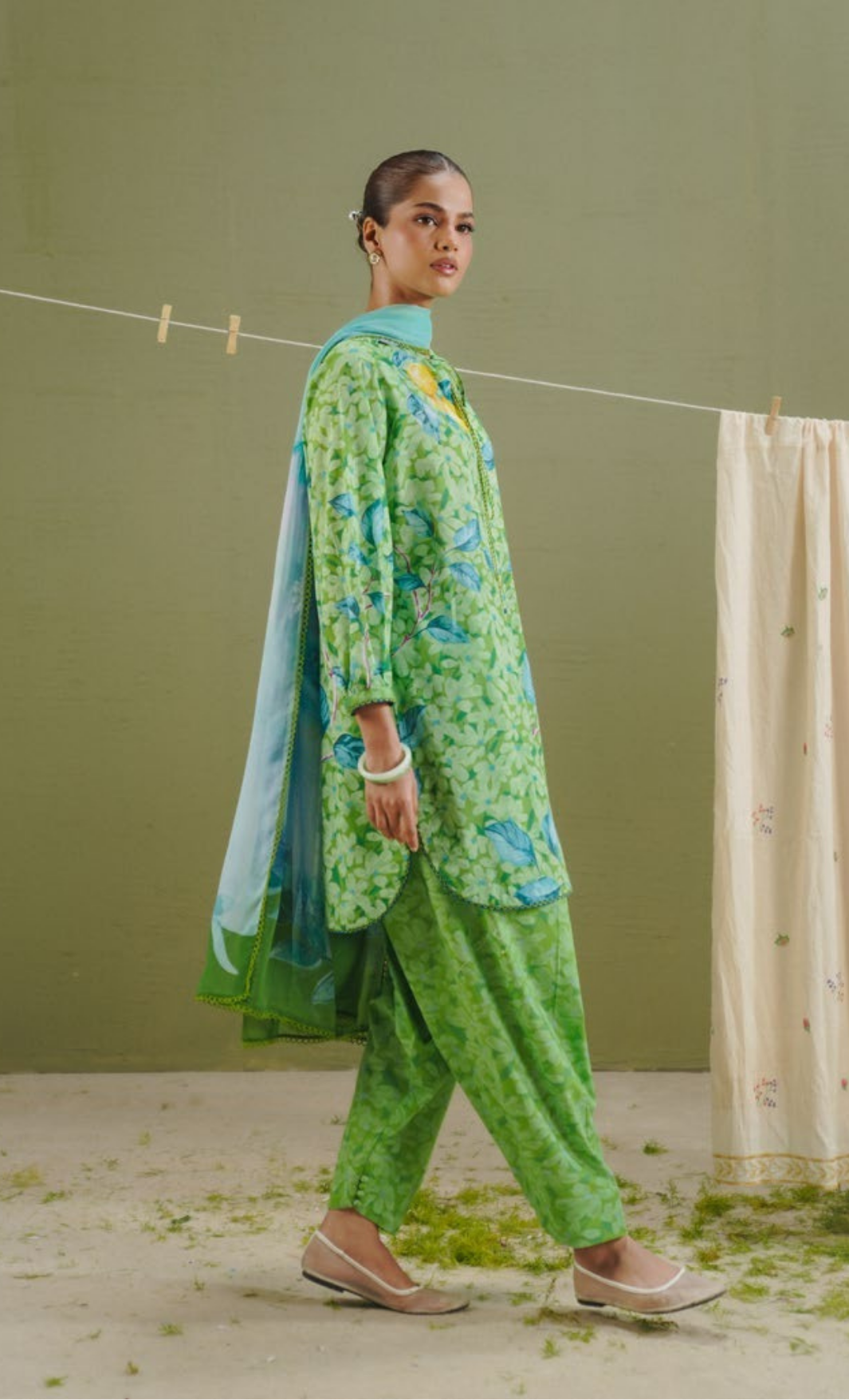 KAEL-7B – Pear Green Daisy Meadow Printed Lawn Suit with Aqua Dupatta