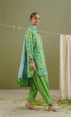 KAEL-7B – Pear Green Daisy Meadow Printed Lawn Suit with Aqua Dupatta