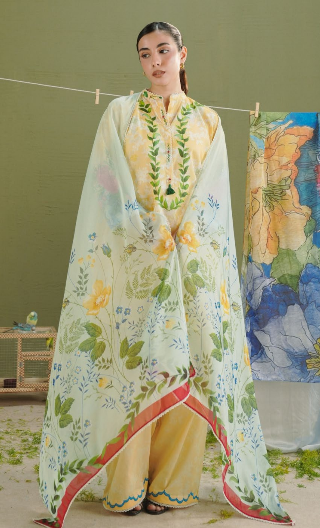 AYLA-8A – Yellow Floral Printed Lawn Suit with Dusty Blue Dupatta