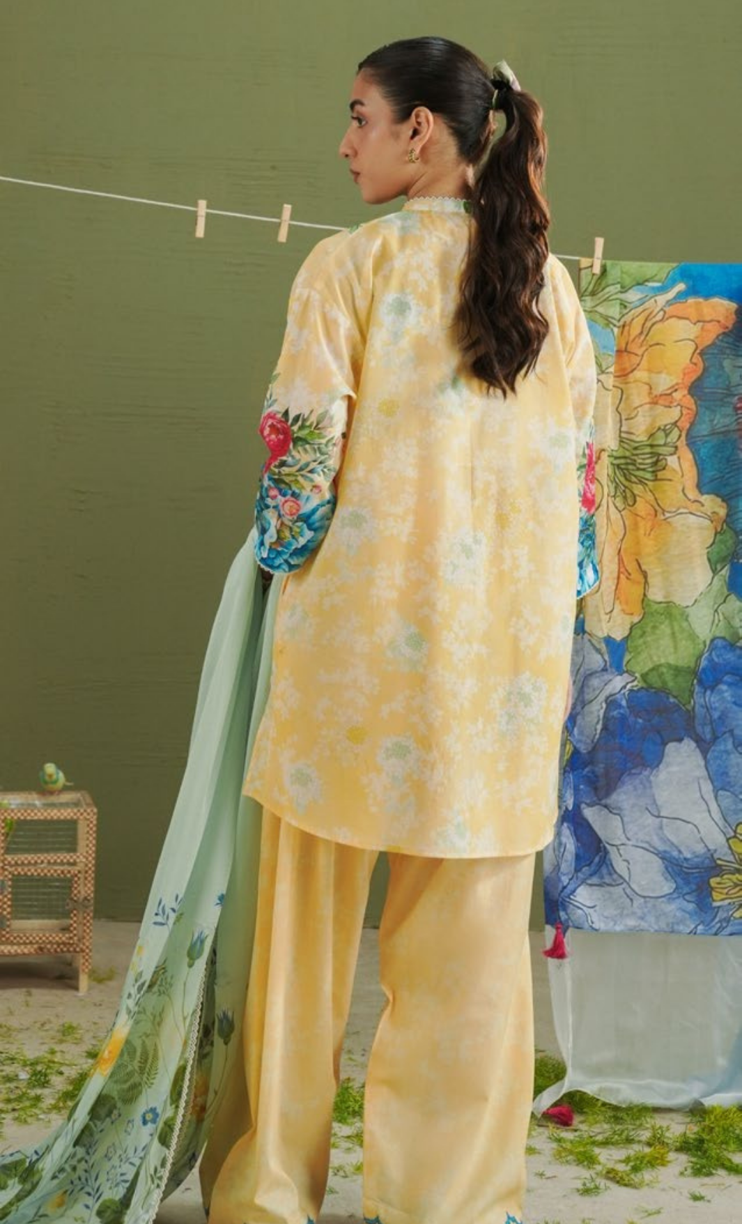 AYLA-8A – Yellow Floral Printed Lawn Suit with Dusty Blue Dupatta