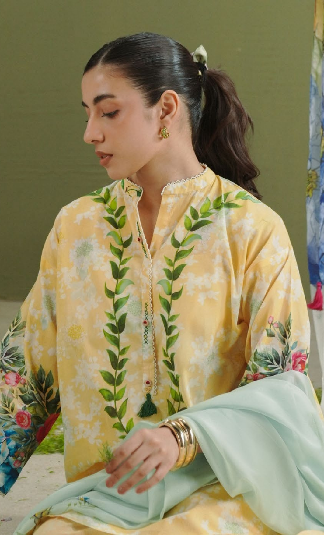 AYLA-8A – Yellow Floral Printed Lawn Suit with Dusty Blue Dupatta