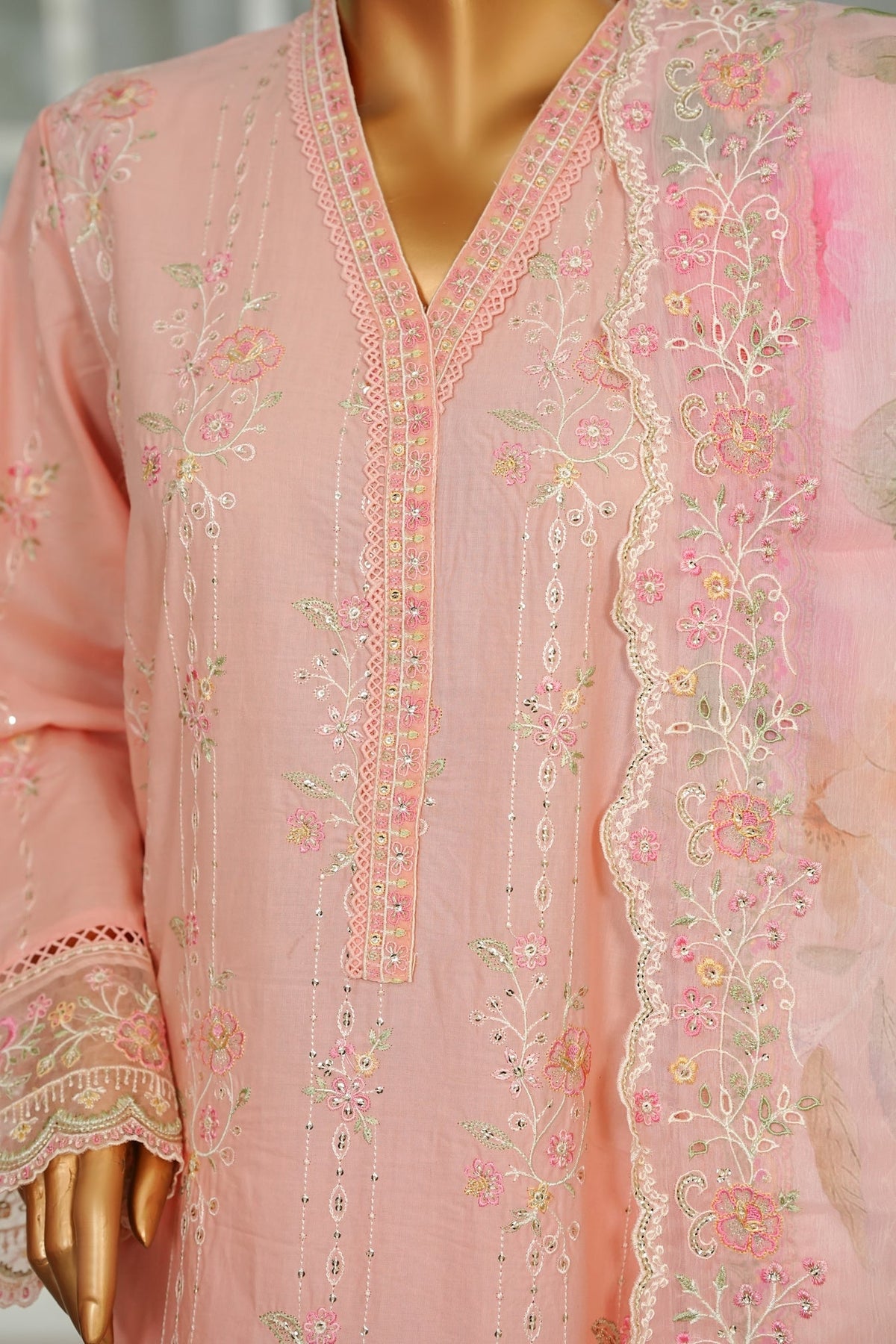 Bin Saeed Peach Embroidered Lawn Suit with Printed Chiffon Dupatta – 3 Piece Stitched Set