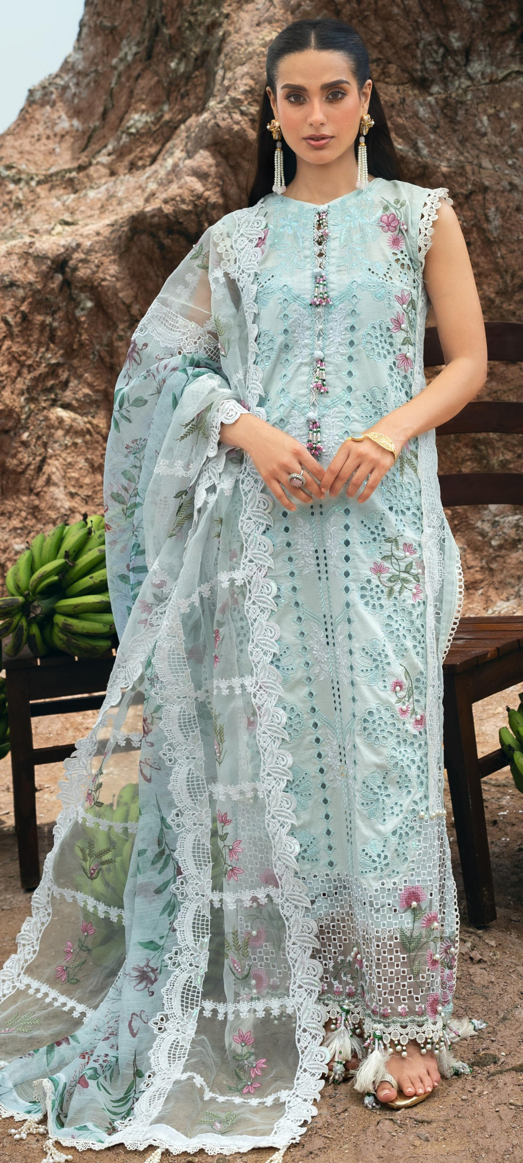 Mint Green Embroidered Lawn Suit with Floral Organza Dupatta