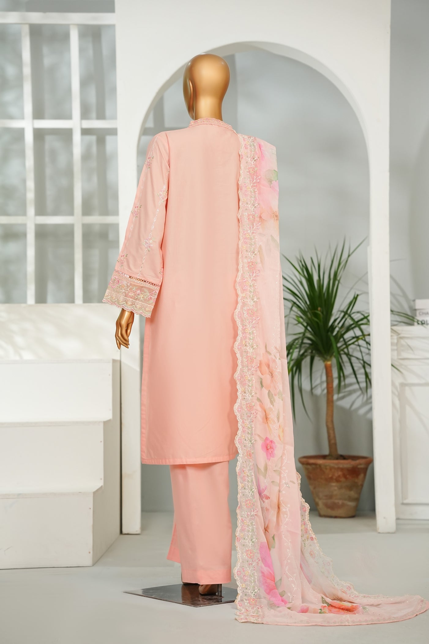 Bin Saeed Peach Embroidered Lawn Suit with Printed Chiffon Dupatta – 3 Piece Stitched Set