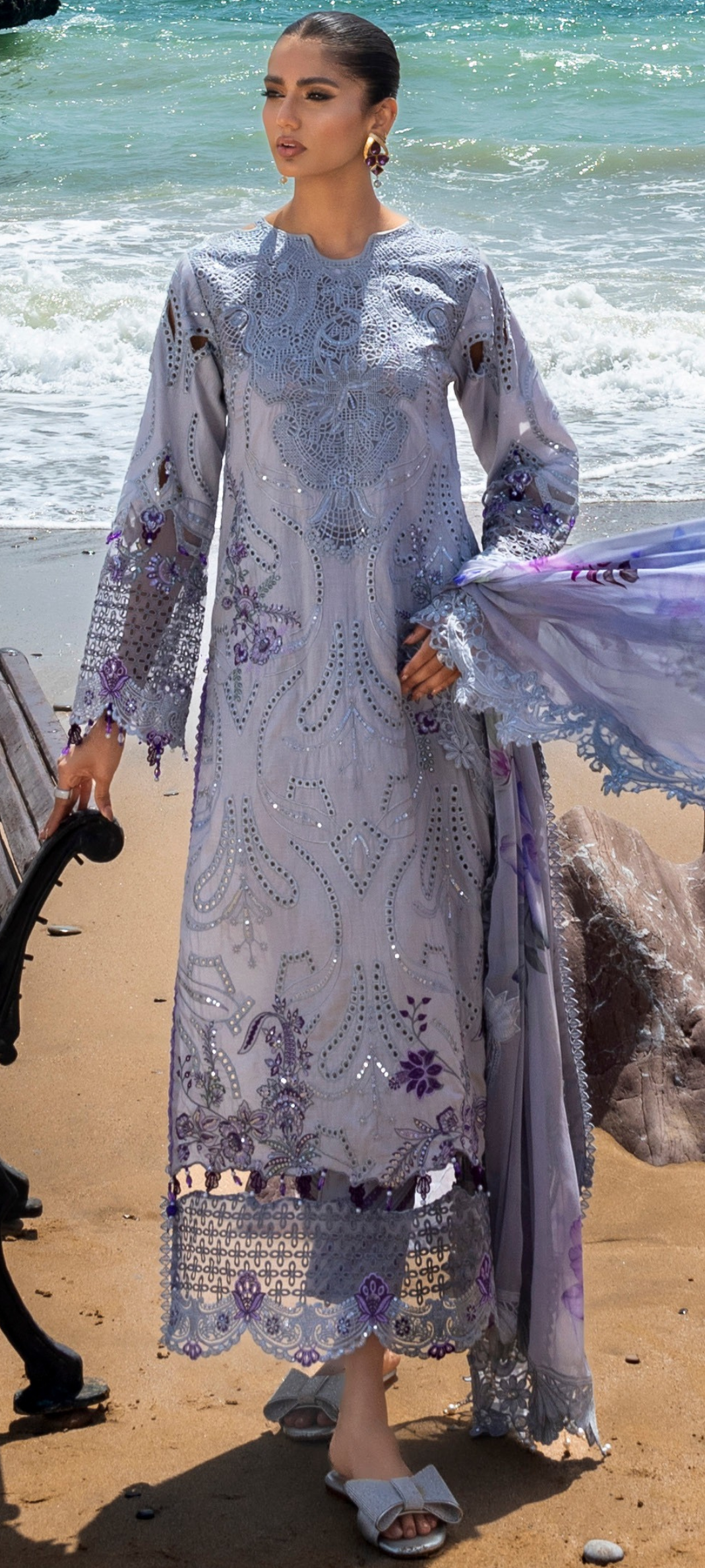 Dusty Blue Embroidered Luxury Kurta Set with Sheer Chiffon Dupatta