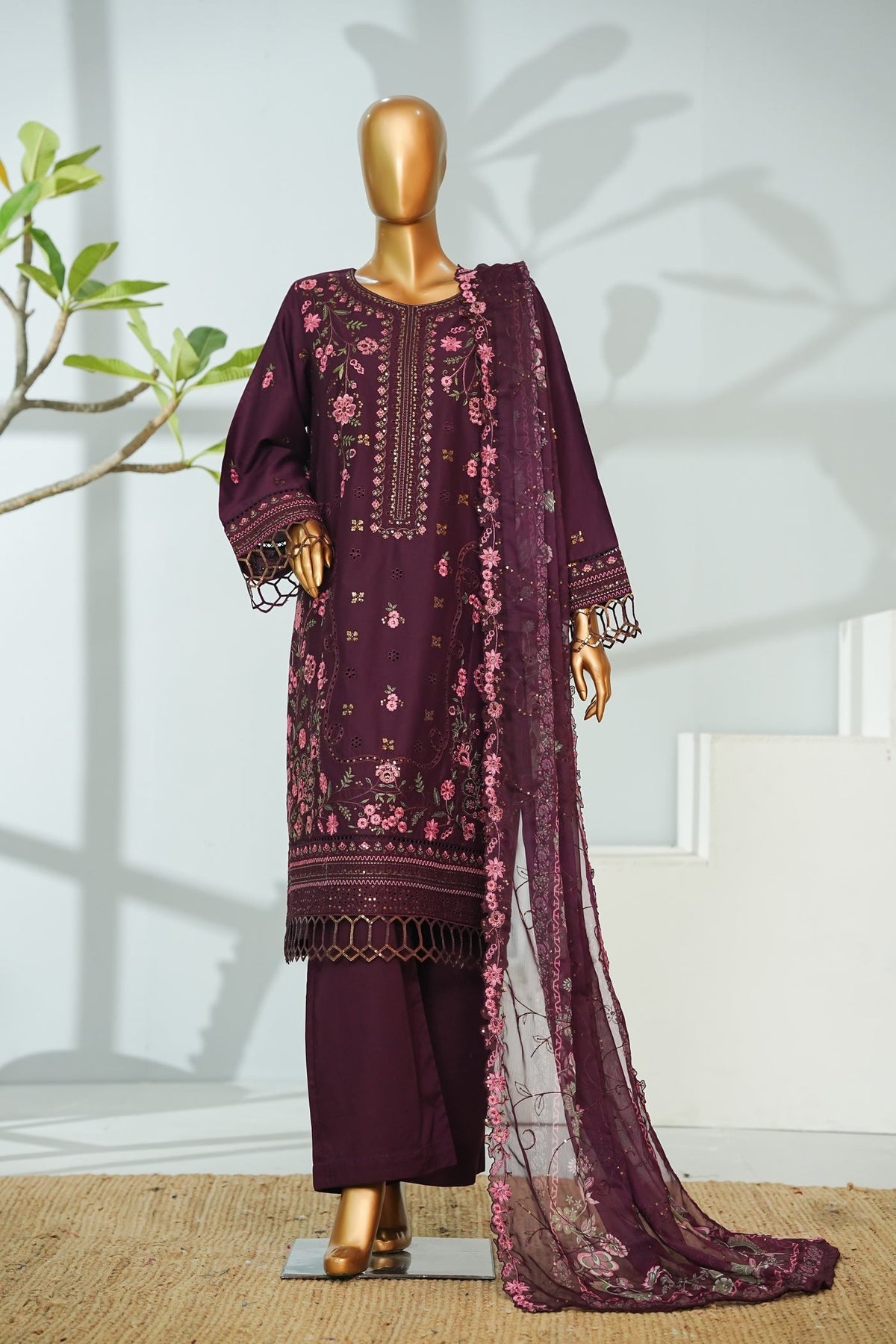 Bin Saeed Plum Embroidered 3-Piece Luxury Lawn Suit