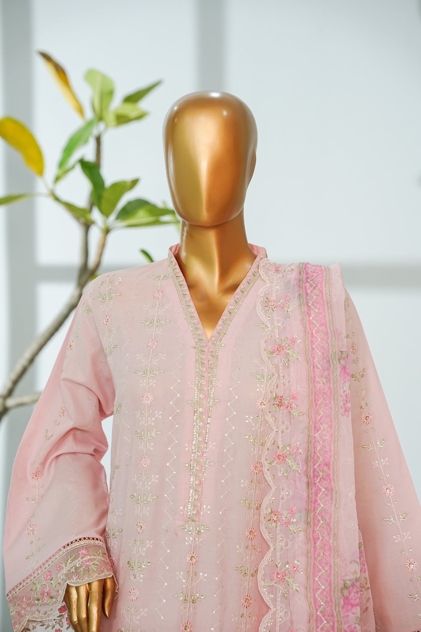 Bin Saeed Pastel Pink Embroidered 3-Piece Luxury Lawn Suit