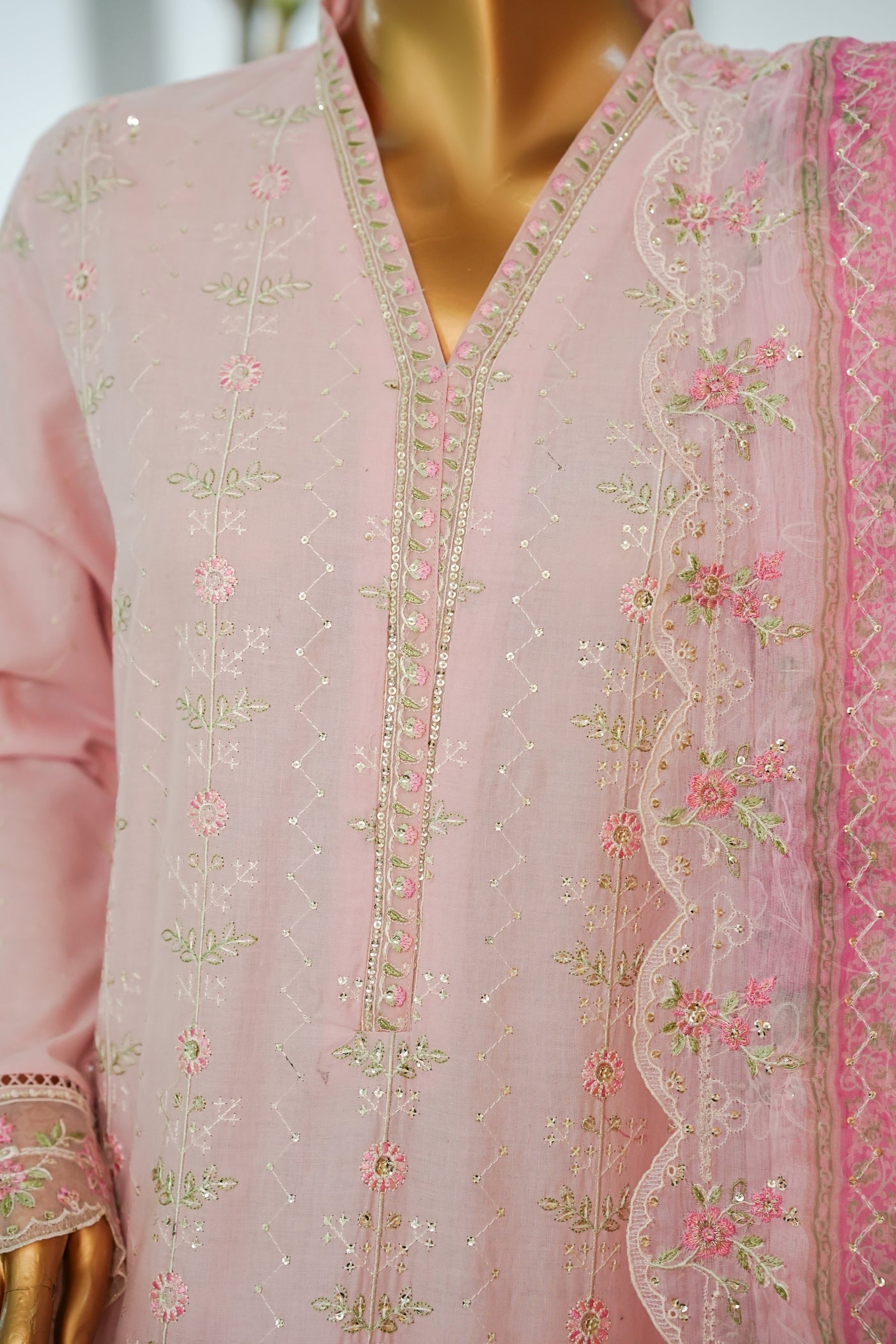 Bin Saeed Pastel Pink Embroidered 3-Piece Luxury Lawn Suit