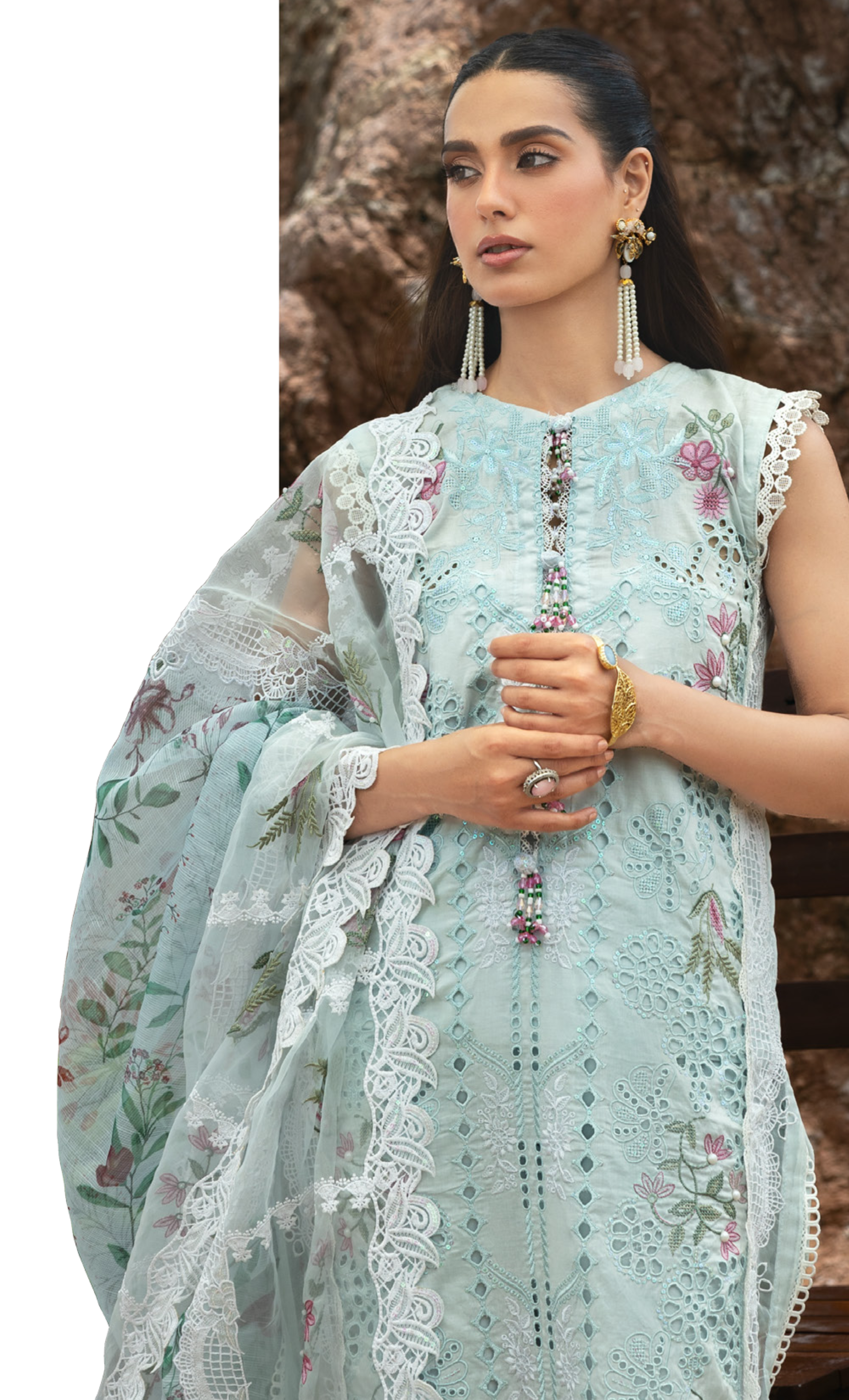 Mint Green Embroidered Lawn Suit with Floral Organza Dupatta