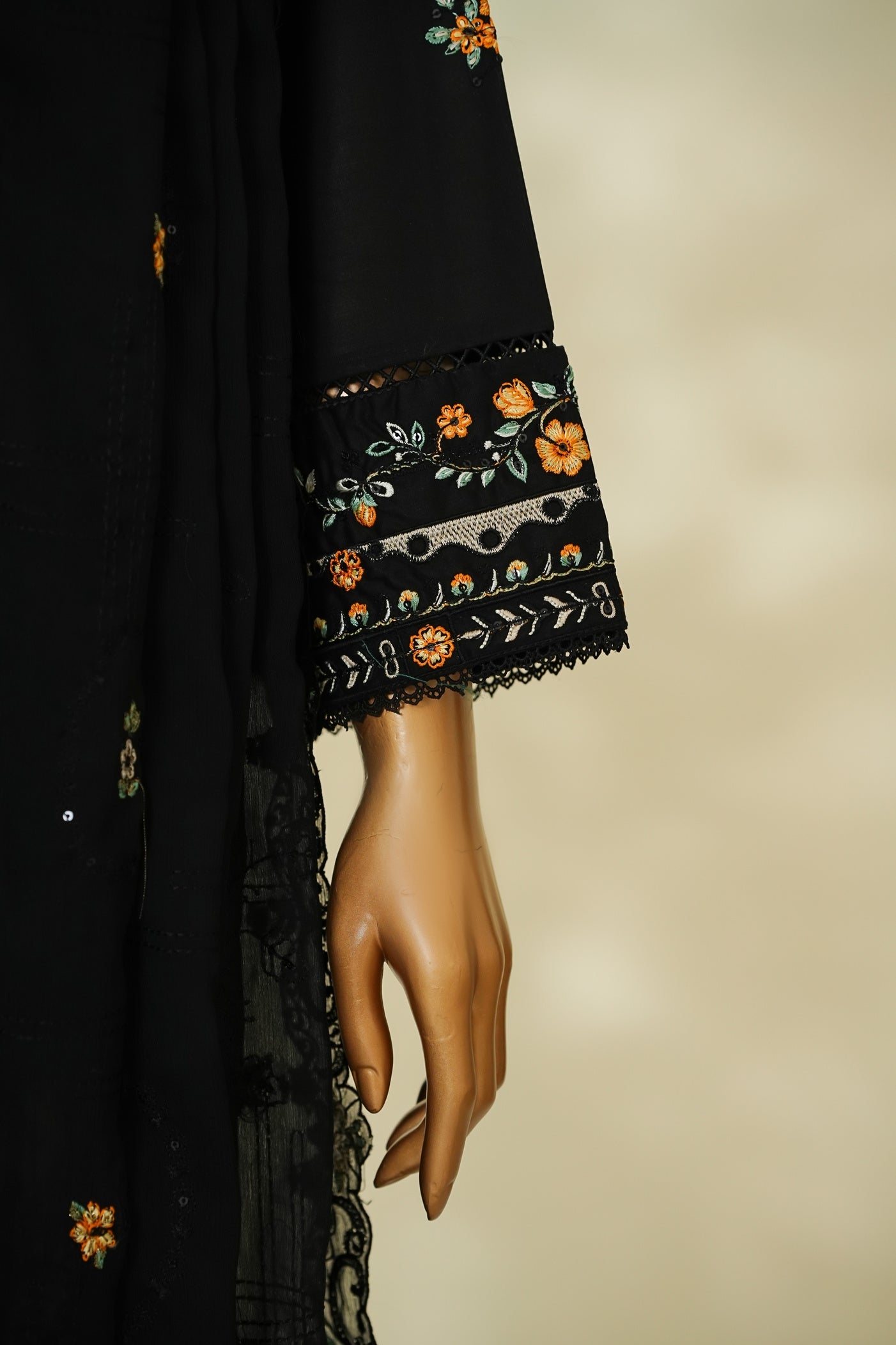 Bin Saeed Black Embroidered Lawn Suit with Chiffon Dupatta – 3 Piece Stitched Set