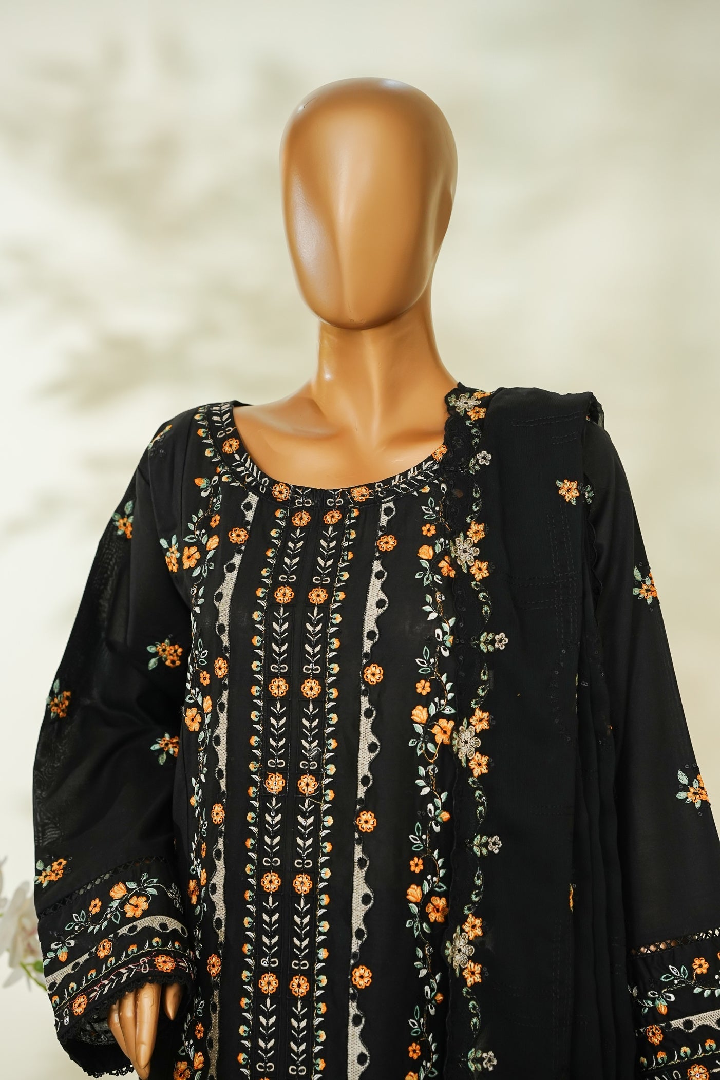 Bin Saeed Black Embroidered Lawn Suit with Chiffon Dupatta – 3 Piece Stitched Set