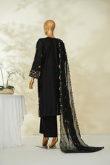 Bin Saeed Black Embroidered Lawn Suit with Chiffon Dupatta – 3 Piece Stitched Set