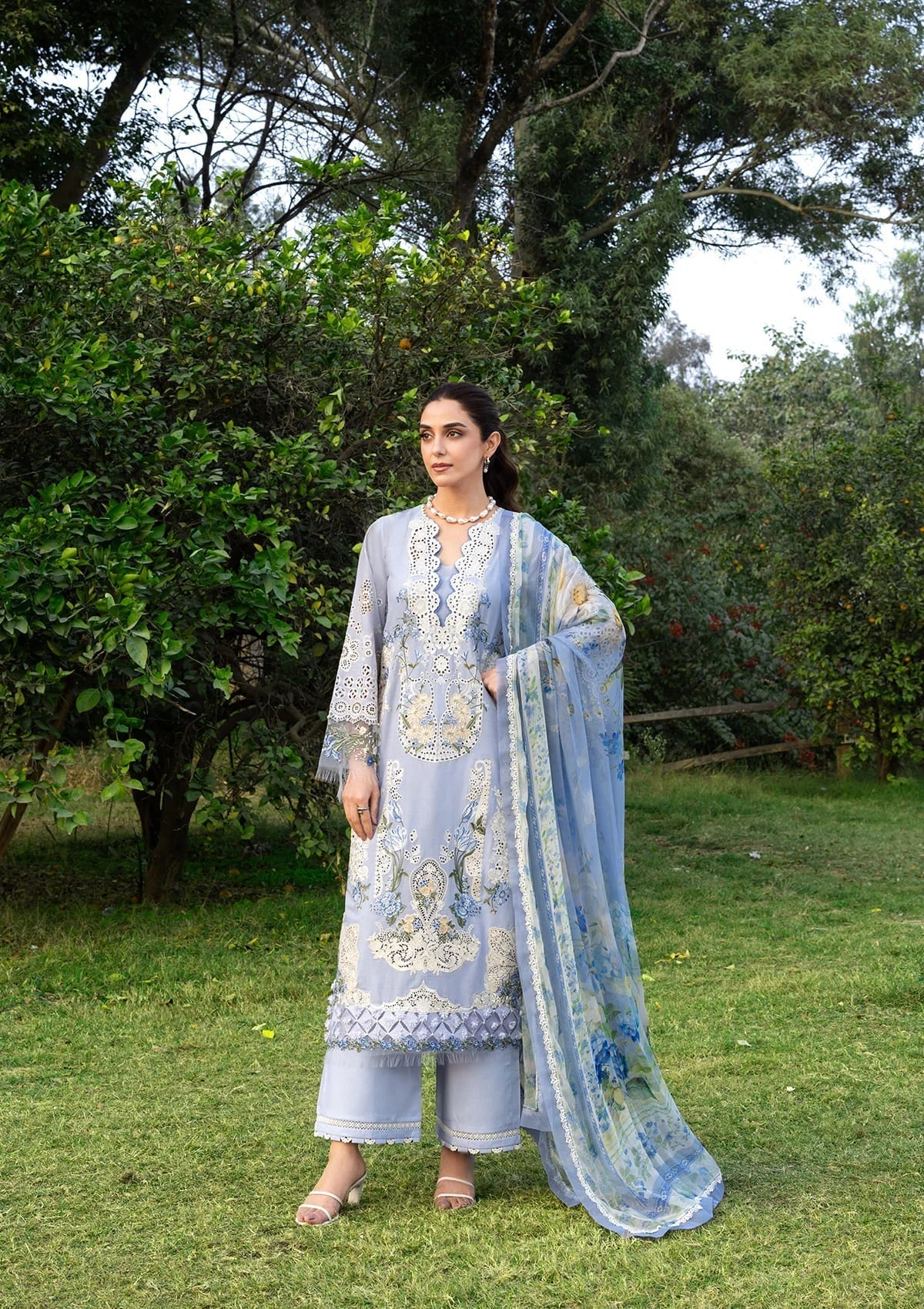 Elaf Premium Embroidered Luxury Lawn 3Pc Suit ELY-12 SKY BLISS