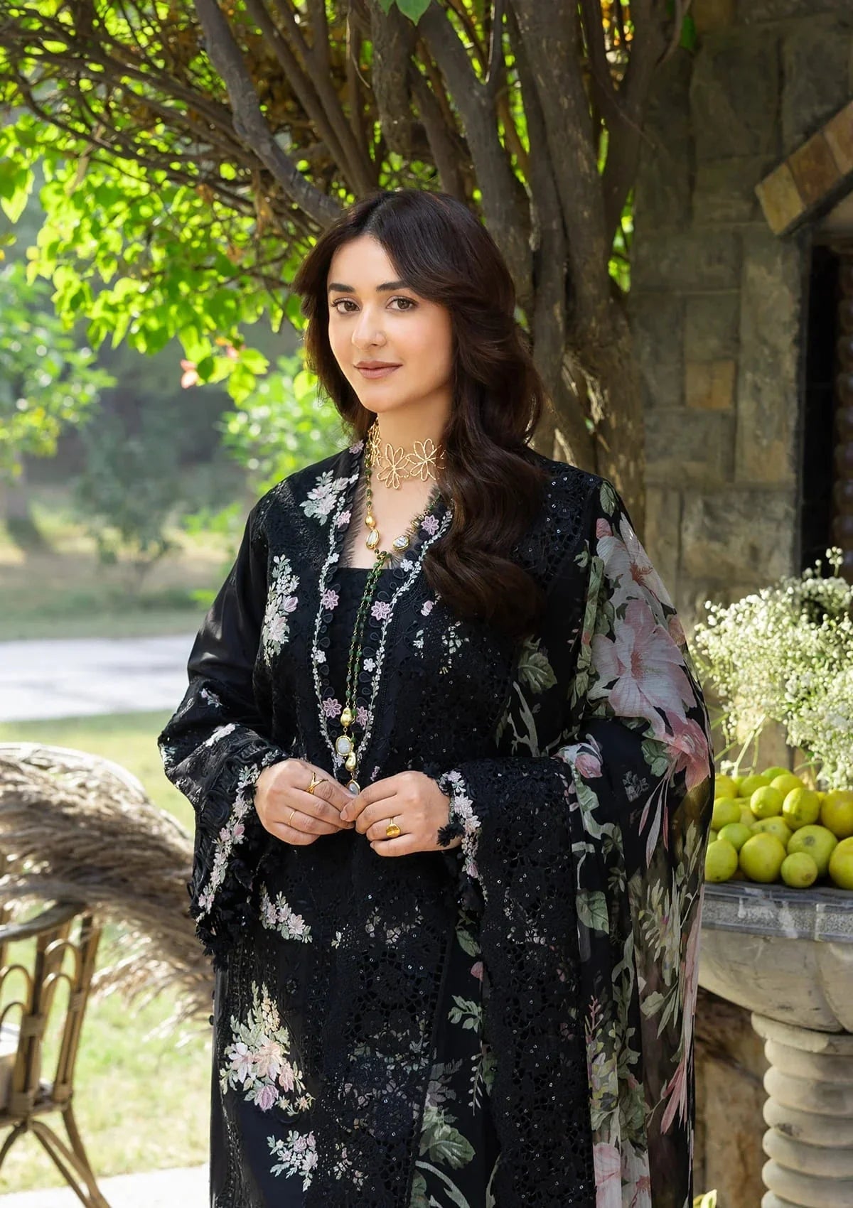 Elaf Premium Embroidered Luxury Lawn 3Pc Suit ELY-02B MIDNIGHT BLOSSOM