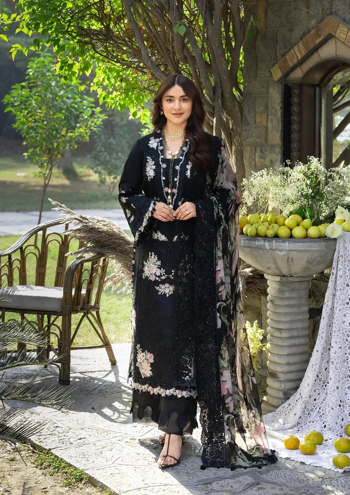 Elaf Premium Embroidered Luxury Lawn 3Pc Suit ELY-02B MIDNIGHT BLOSSOM
