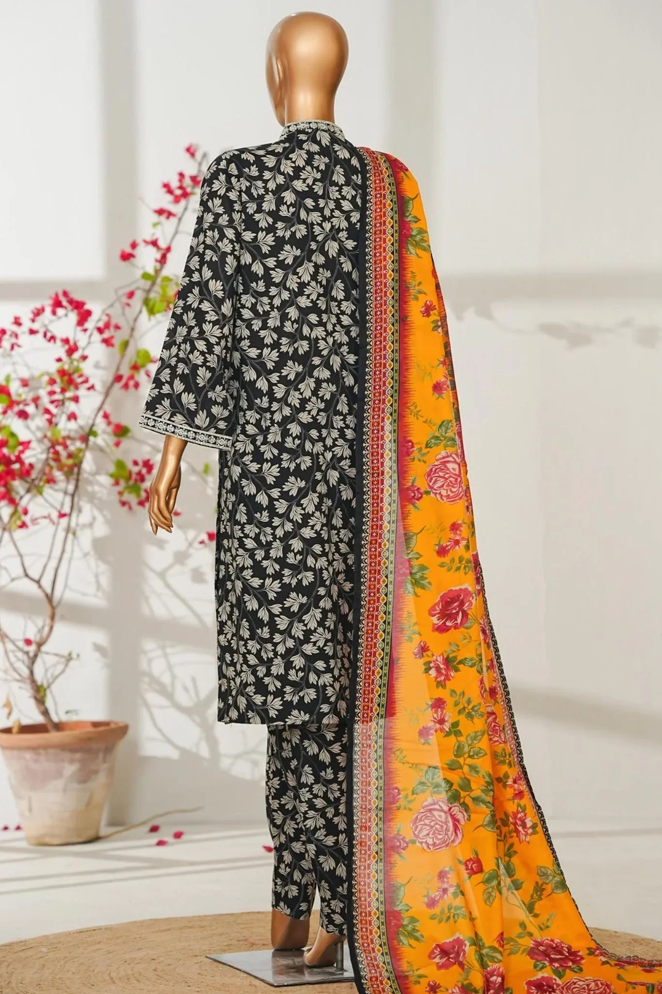 Bin Saeed Stitched 3 Piece Exclusive Emb Lawn Vol-02 Suit-NSM-2820-BLACK