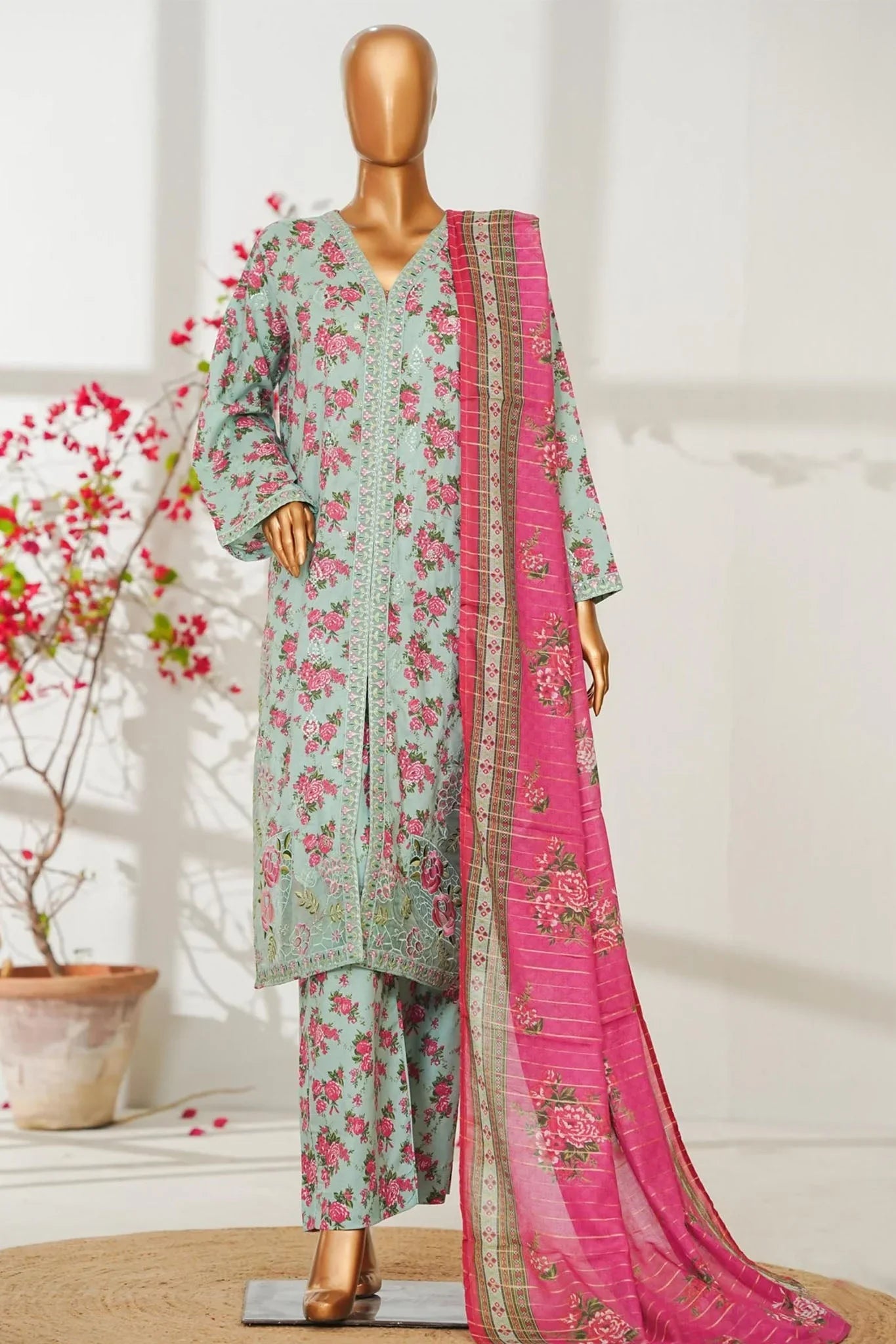 Bin Saeed Stitched 3 Piece Exclusive Emb Lawn Vol-02 Suit-NSM-2821-GREEN