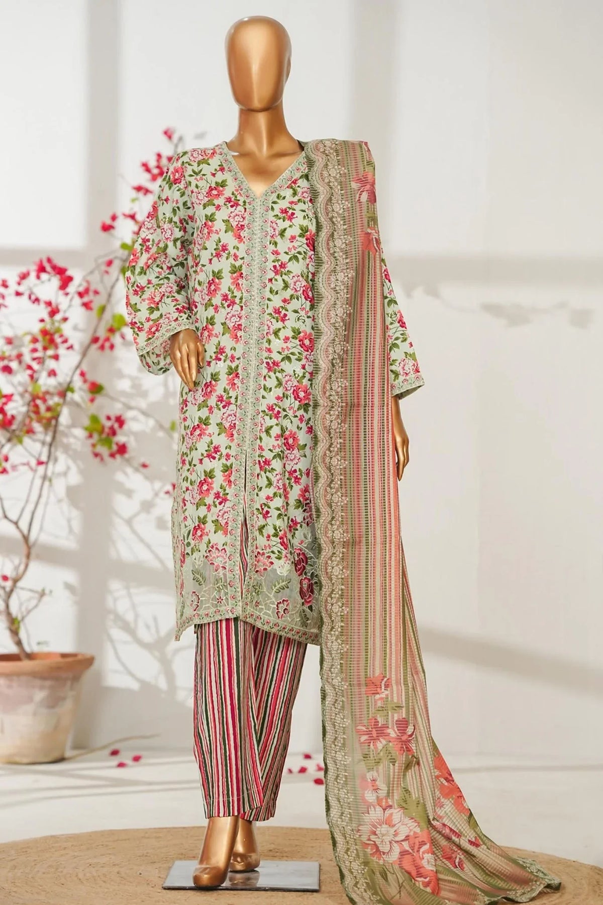 Bin Saeed Stitched 3 Piece Exclusive Emb Lawn Vol-02 Suit-NSM-2822-PISTA