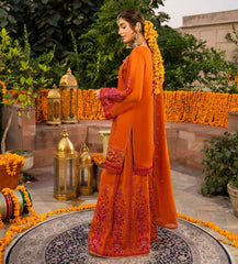 Luxury Burnt Orange Embroidered Designer Suit with Handcrafted Mirror Work & Dupatta