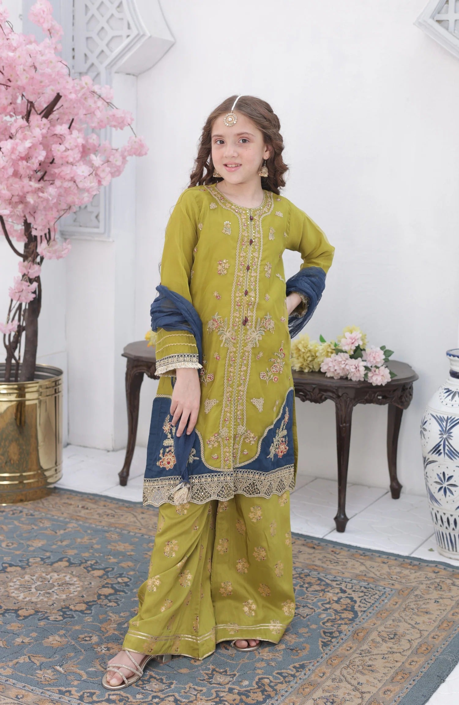 Shanzey Roshni Embroidered Organza Stitched 3 Piece Suit - SHK-5805 - SHZ26RSN - Lime Green with Teal Blue - Girls Formal Collection