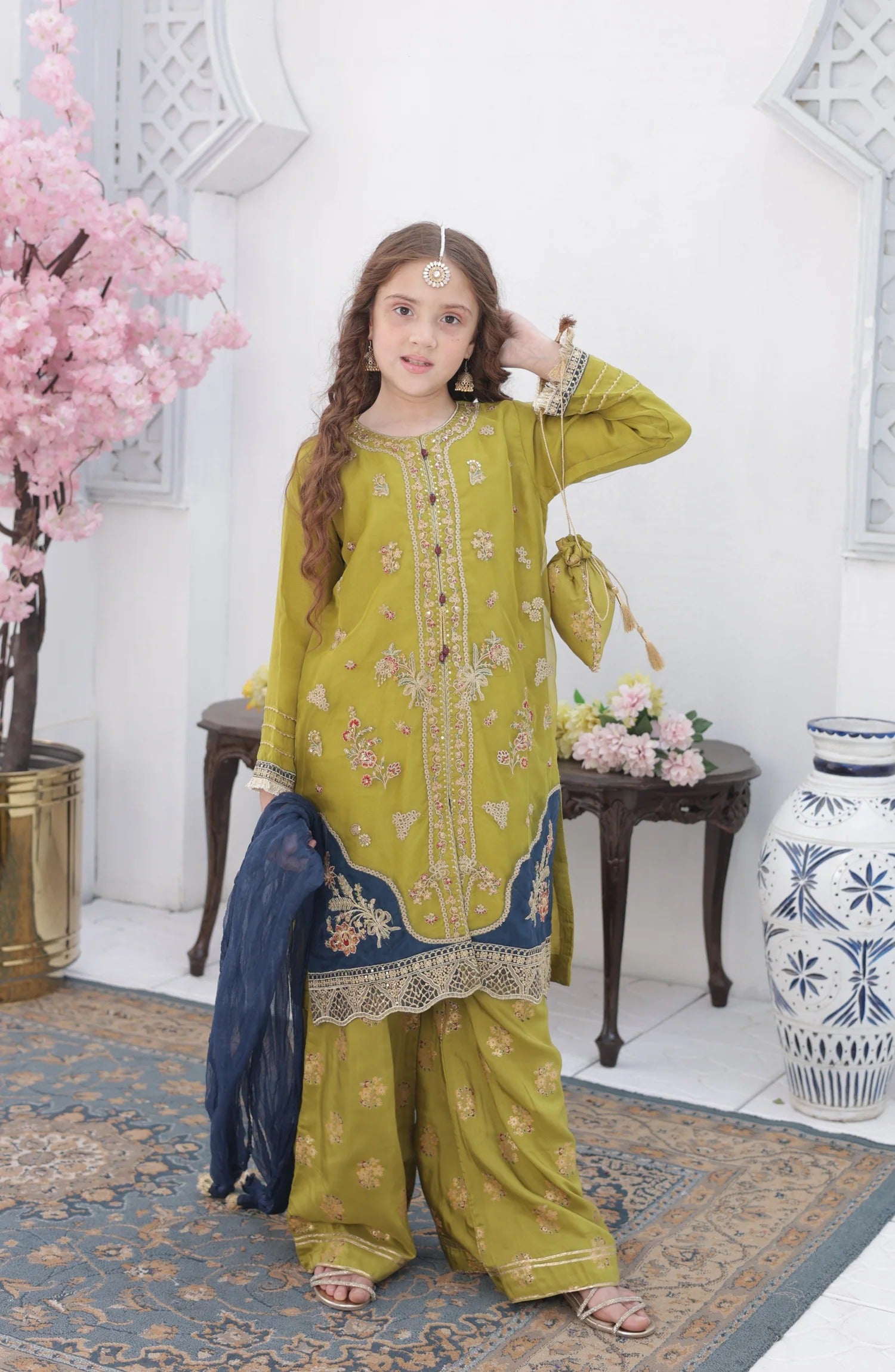 Shanzey Roshni Embroidered Organza Stitched 3 Piece Suit - SHK-5805 - SHZ26RSN - Lime Green with Teal Blue - Girls Formal Collection