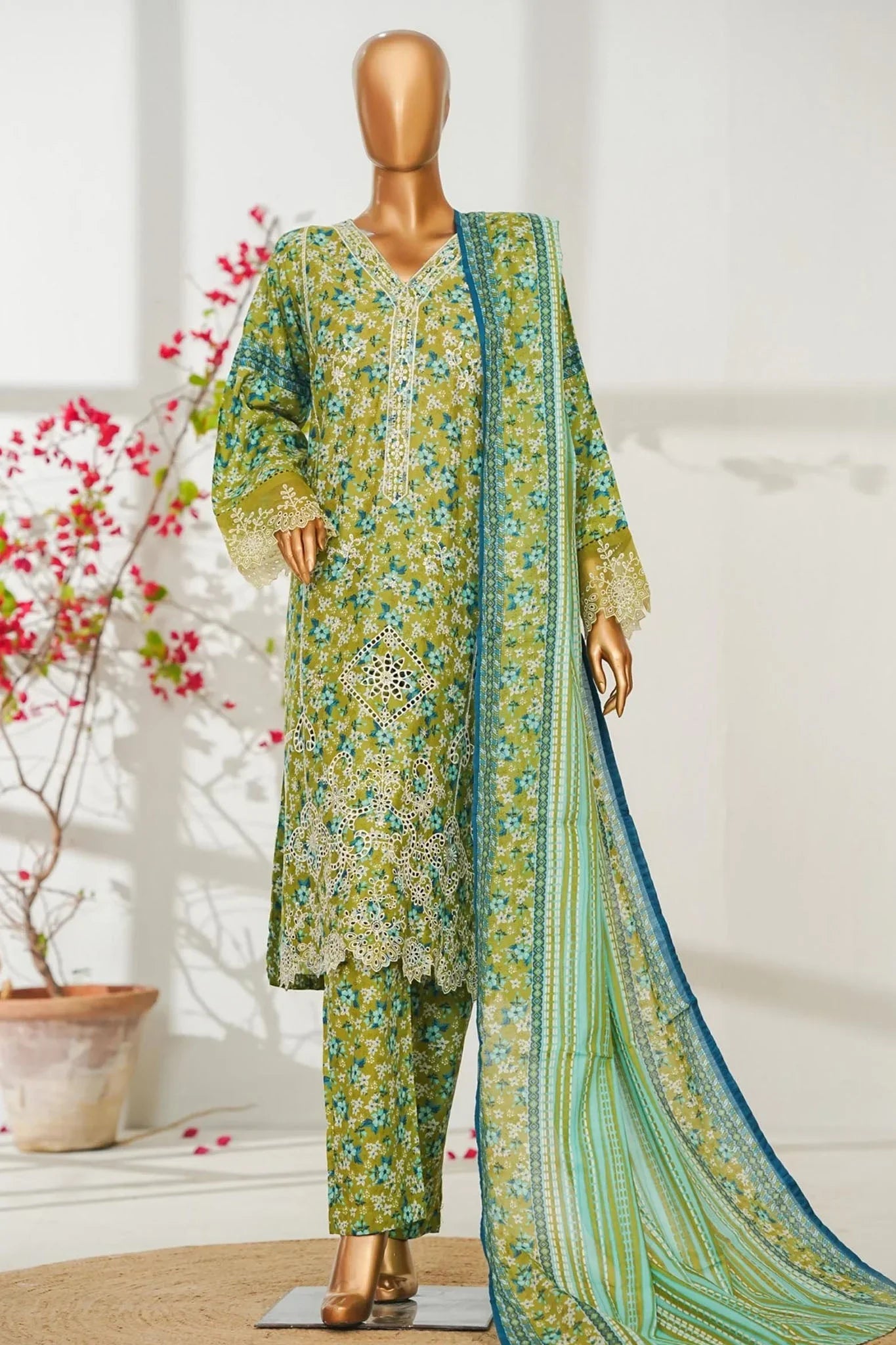 Bin Saeed Stitched 3 Piece Exclusive Emb Lawn Vol-02 Suit-NSM-2817-GREEN